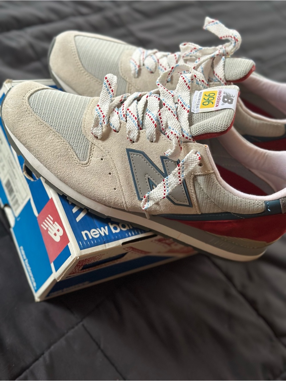 New Balance (Rare) 996 Men’s Suede & Mesh Sneakers - Cream with Red Accent